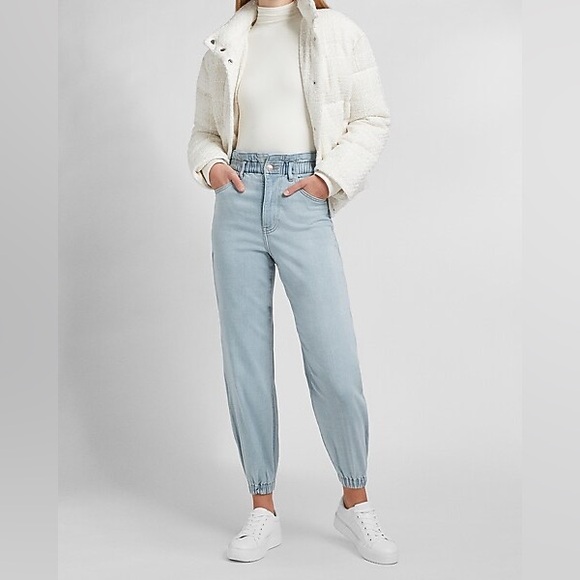 Express Super High Rise Jogger Jeans Light Wash Denim Paperbag Waist Fit sz 0 - Picture 4 of 12